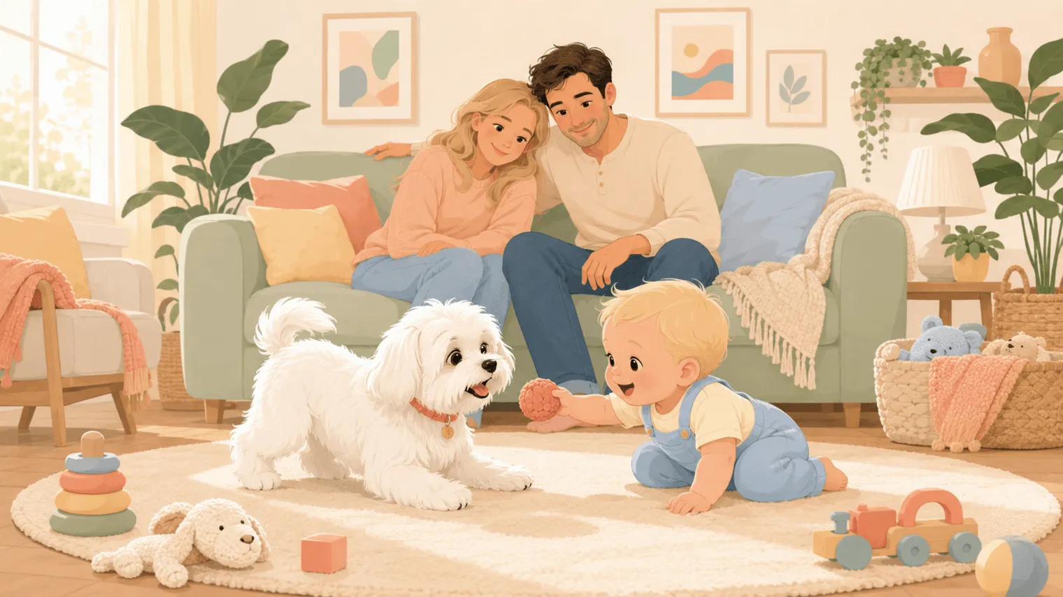 Illustration of a family living room: a white Maltese dog and a blonde baby playing on a rug while parents relax on a sofa