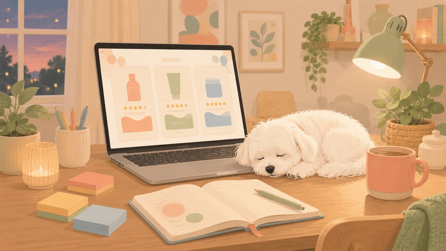 Illustration of a home desk with a laptop showing product comparison cards, notes, coffee, and a white Maltese dog asleep beside the keyboard