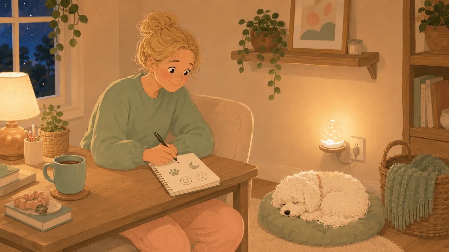 Illustration: the honest one-month trial — a nightly doodle log while the diffuser glows and the dog sleeps