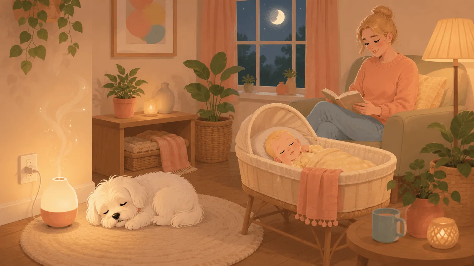 Illustration of a relaxed Maltese resting near a softly glowing plug-in diffuser while the baby sleeps in a bassinet across the room