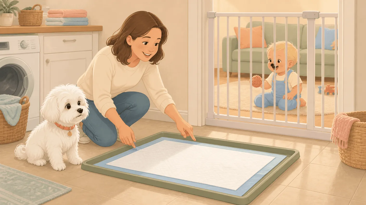 Adult placing a regular pee pad flat in a low tray with the baby safely behind a gate