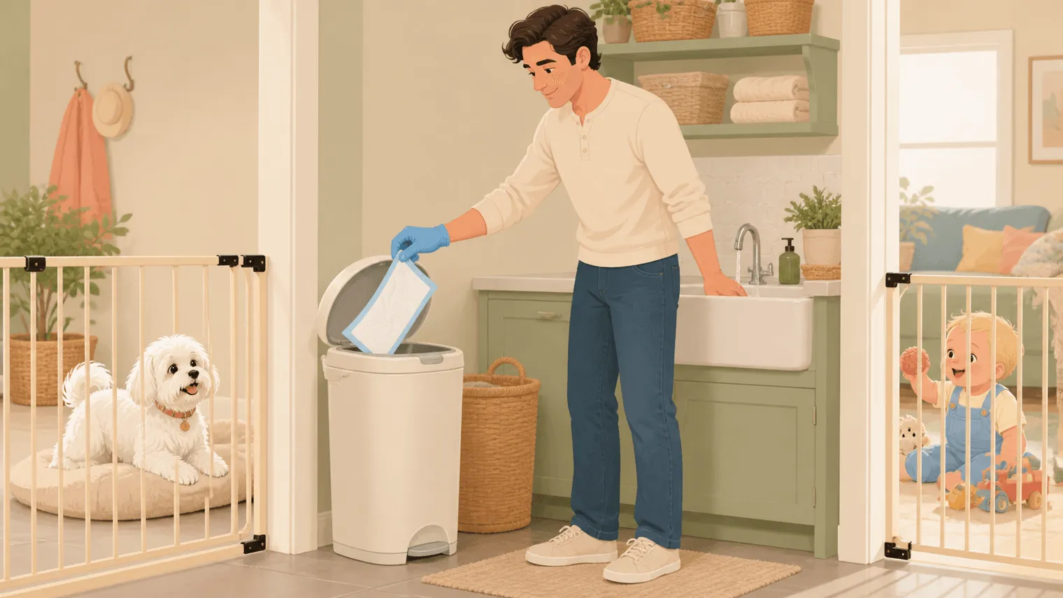 Parent disposing of a folded puppy pad in a secure pail while dog and baby remain in separate gated spaces