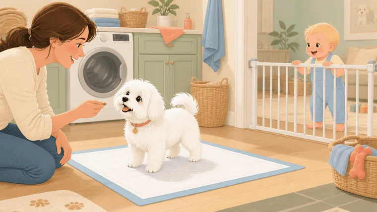 White Maltese standing on a blue-edged puppy pad in a gated laundry area