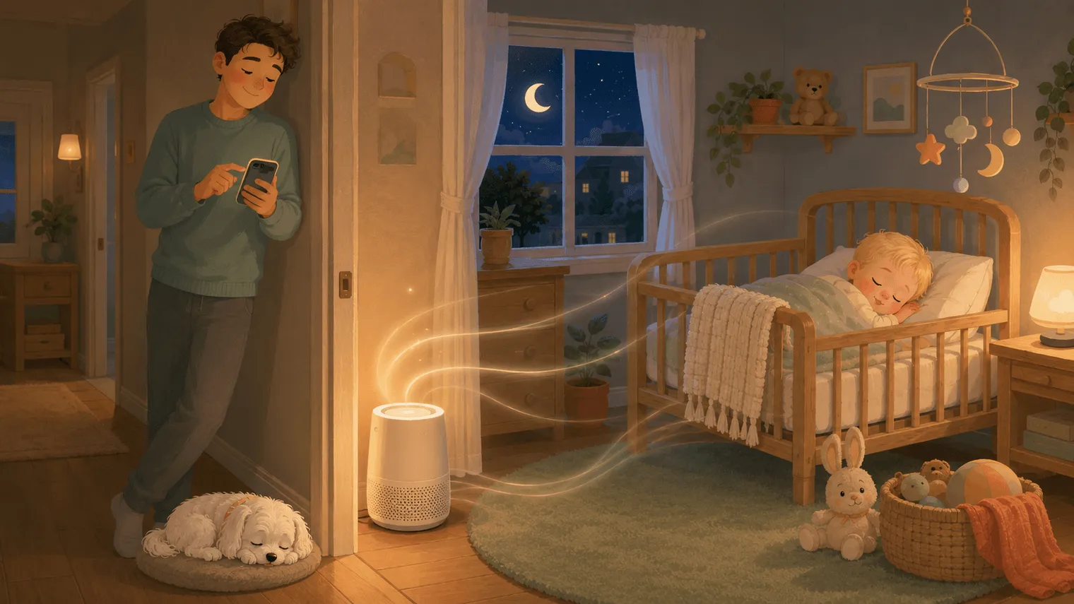Illustration: the nursery purifier hums by the door while a parent adjusts it from the hallway by phone