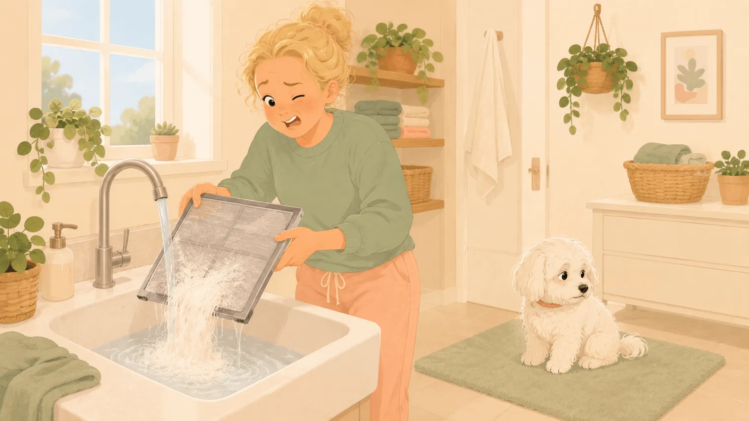 Illustration: rinsing the washable pre-filter as a felt-like mat of fur slides off, while the dog pretends not to be involved