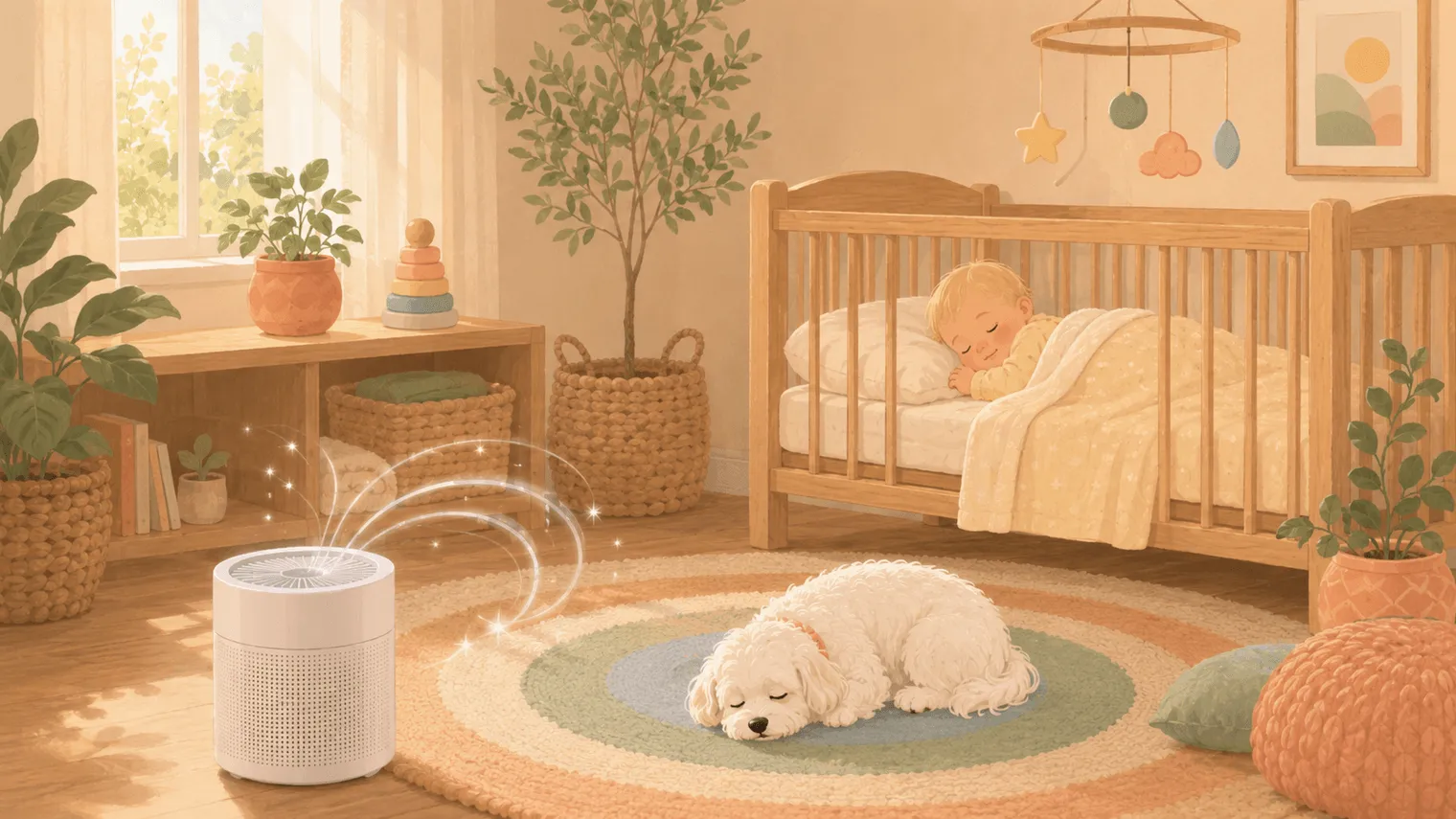Illustration of a nursery with an air purifier drawing in floating fur while a baby sleeps in the crib and a Maltese snoozes on the rug