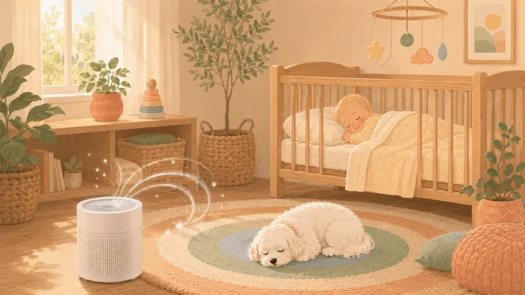 Illustration of a nursery with an air purifier drawing in floating fur while a baby sleeps in the crib and a Maltese snoozes on the rug