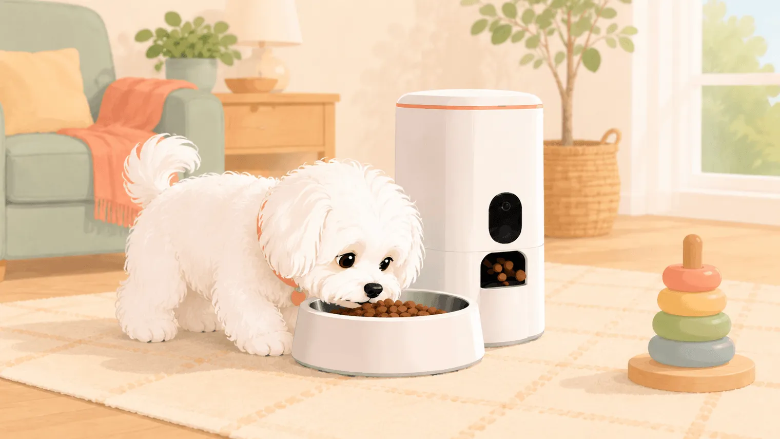 Illustration: the white Maltese eating from a bowl an automatic feeder just filled in morning light
