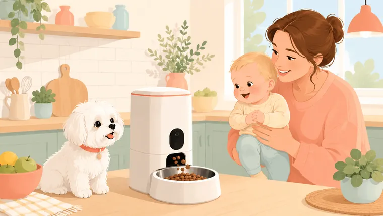 Editorial illustration of a white Maltese beside an automatic dog feeder while a parent holds a baby in a kitchen