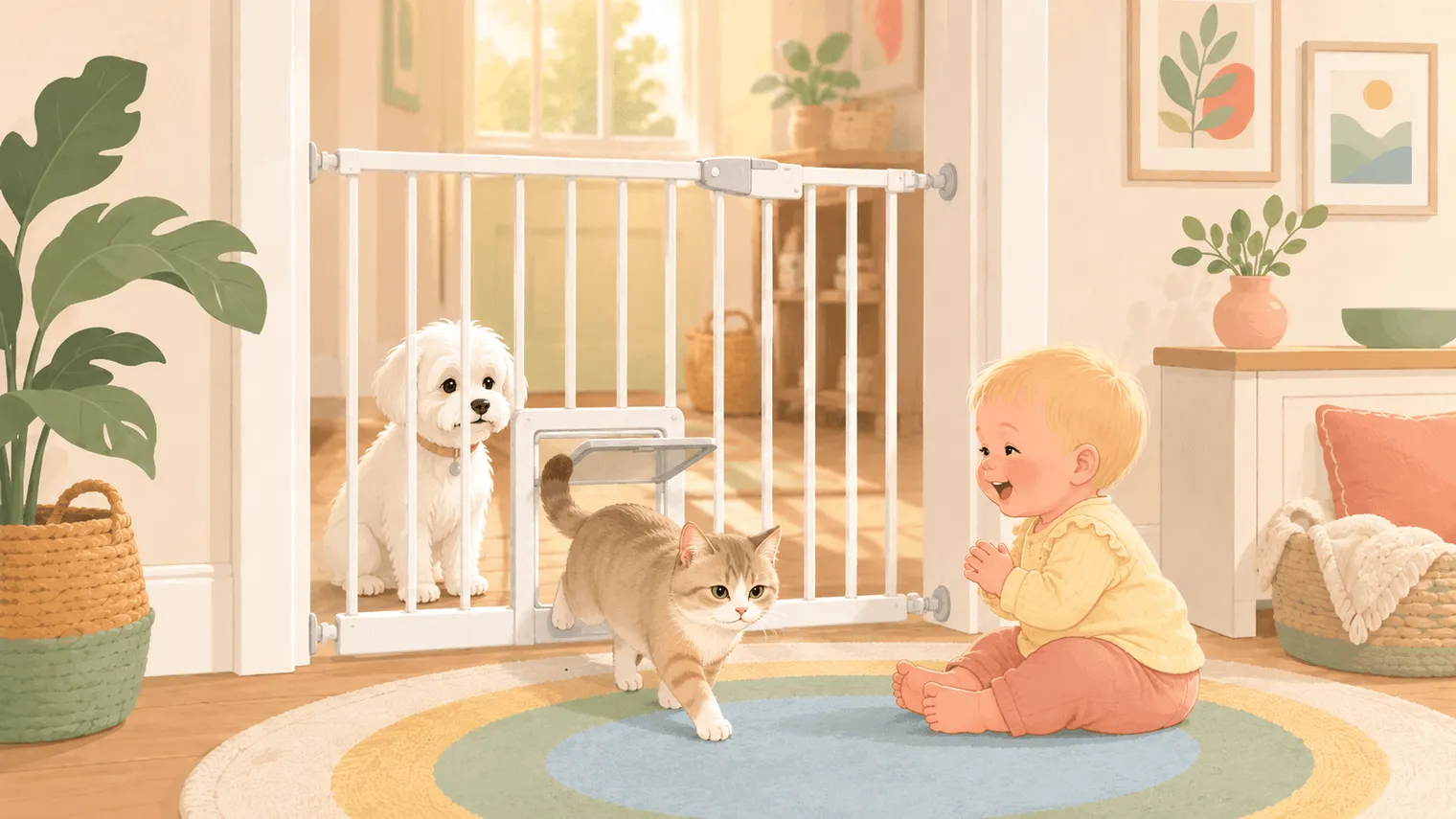 Illustration: a cat strolls through the gate's small pet door while the dog watches from behind the bars