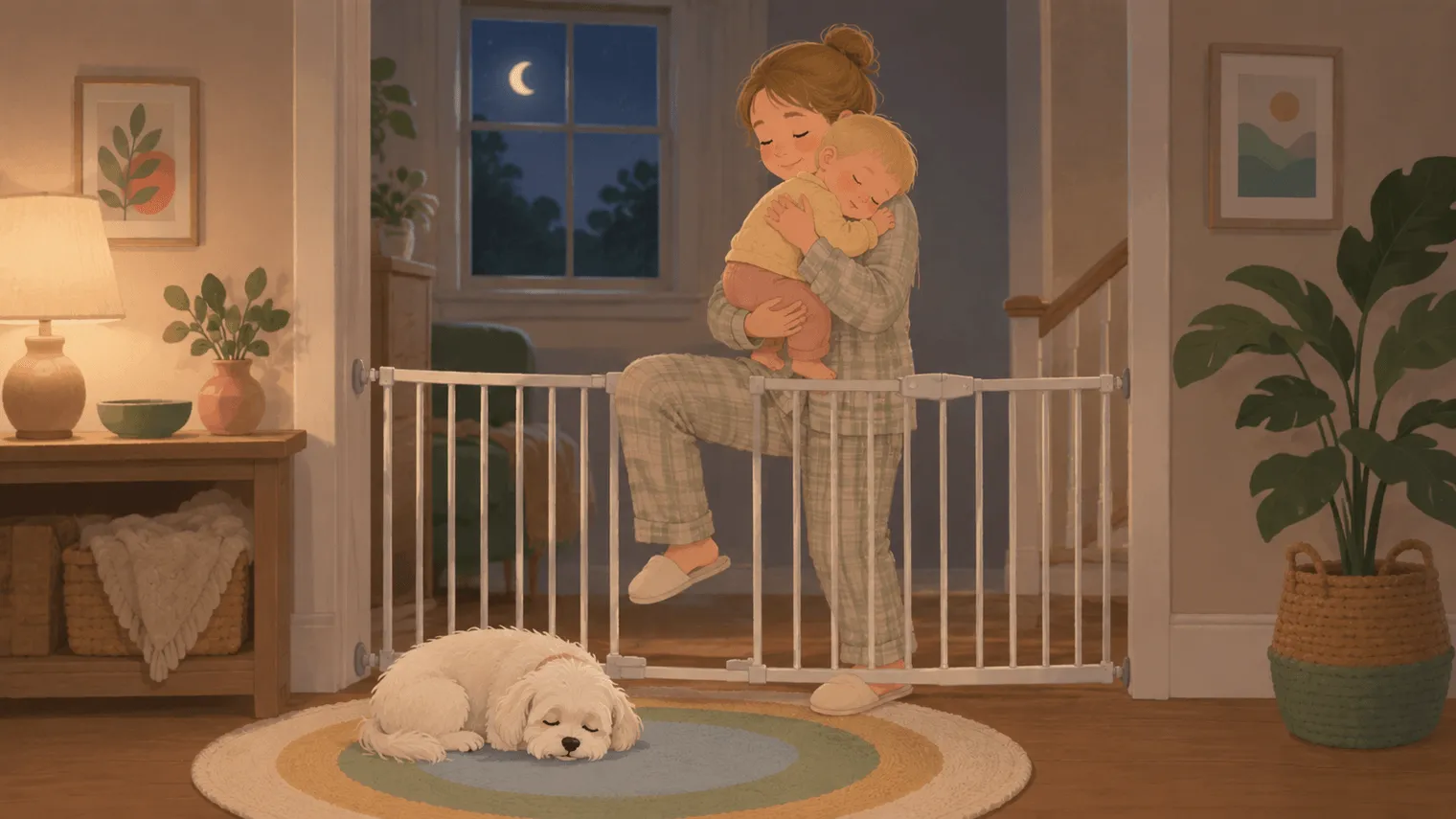 Illustration: a tired parent carries a sleeping baby over the gate's bottom bar at 3 a.m. while the dog sleeps nearby