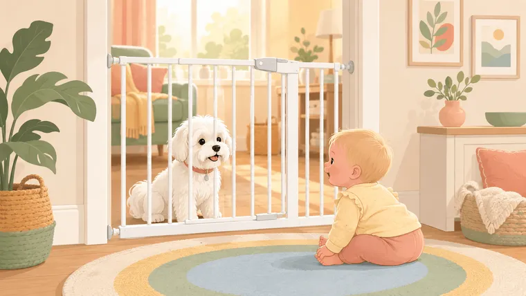 Illustration of a white Maltese dog and a blonde baby looking at each other through a walk-through baby gate in a cozy hallway