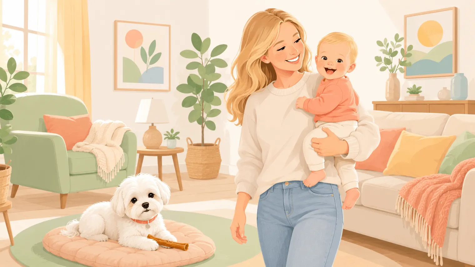 Illustration: a parent holds a happy blonde baby on one hip while the small white Maltese in a coral collar settles onto a floor mat with a bully stick, calm returning to a sunlit living room