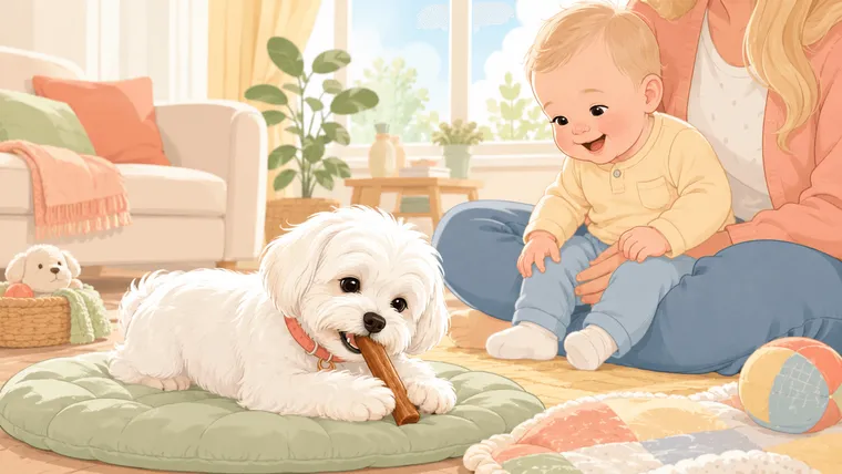 Editorial illustration of a small fluffy white Maltese in a tiny coral collar settled on a cozy floor mat happily chewing a bully stick, while a happy blonde baby watches from a parent lap nearby in a sunlit living room