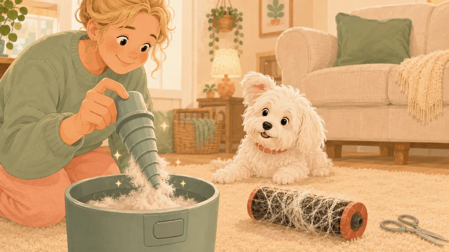 Illustration: fur slides cleanly off the cone-shaped anti-tangle tool while the old wrapped roller sulks nearby