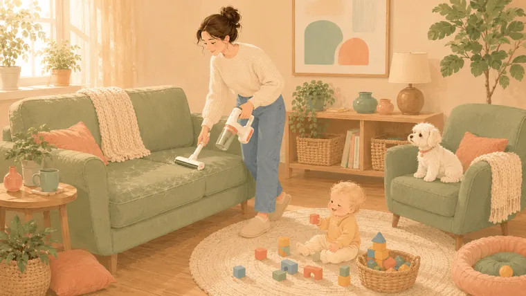 Illustration of a parent vacuuming fur off a sofa with a cordless stick vacuum while a Maltese watches innocently from an armchair
