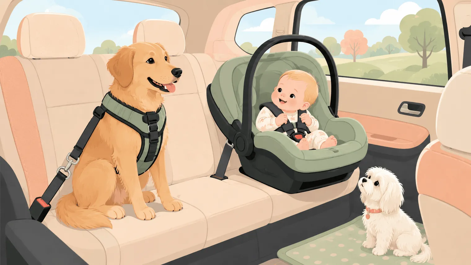 Illustration of a larger dog buckled into a crash-tested car harness in the back seat beside a rear-facing infant car seat, with a small white Maltese watching, in a warm flat vector style