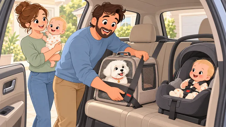 Illustration of a family securing a small white dog in a closed carrier opposite a rear-facing infant car seat