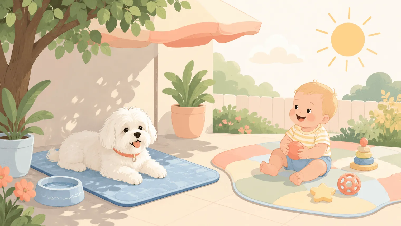 Editorial illustration of a panting white Maltese resting on a cooling mat in the shade with a water bowl, a baby on a play mat nearby, and a bright summer sun overhead