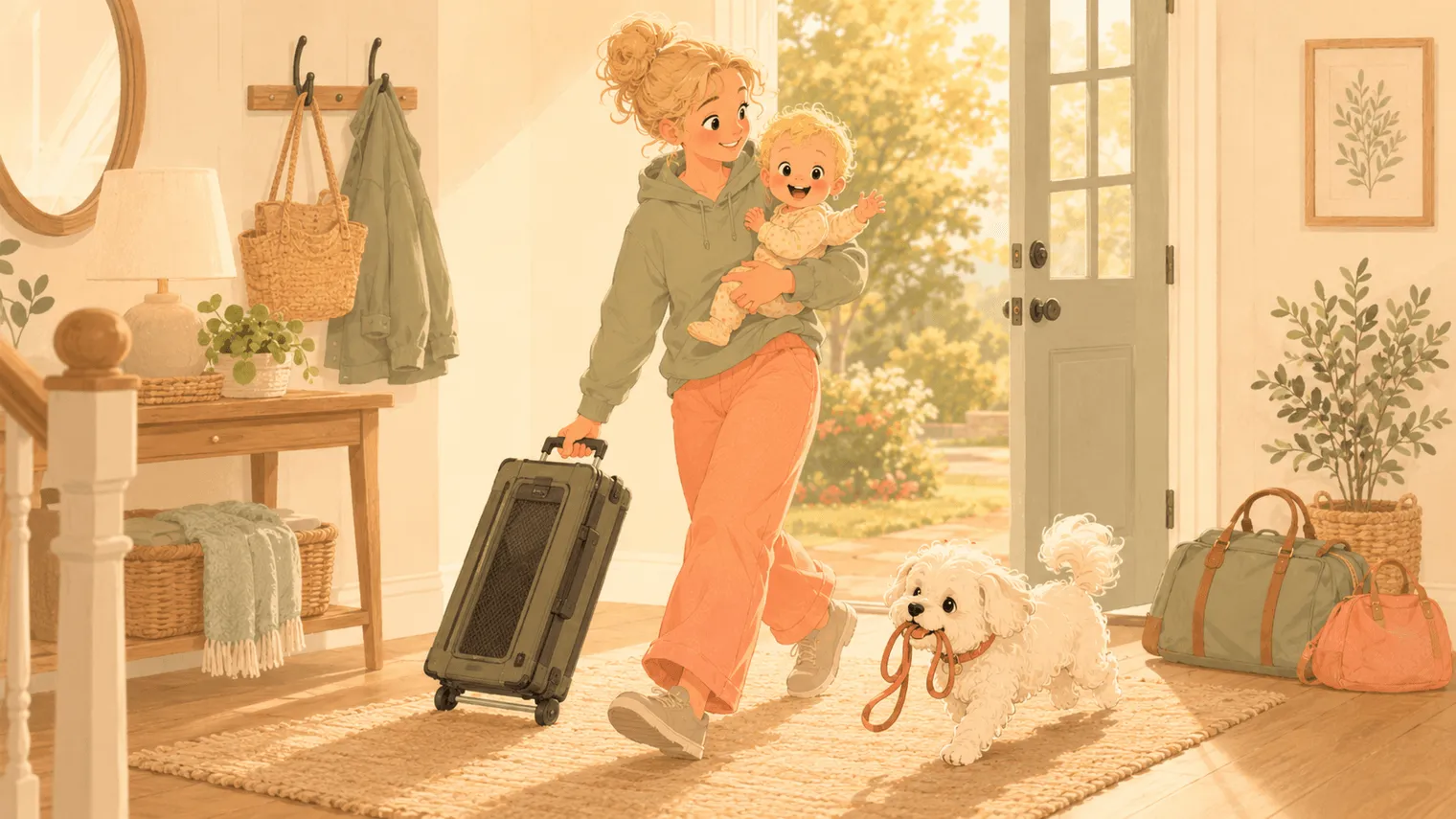 Illustration: the premium crate rolls like a suitcase out the door, the dog carrying its own leash
