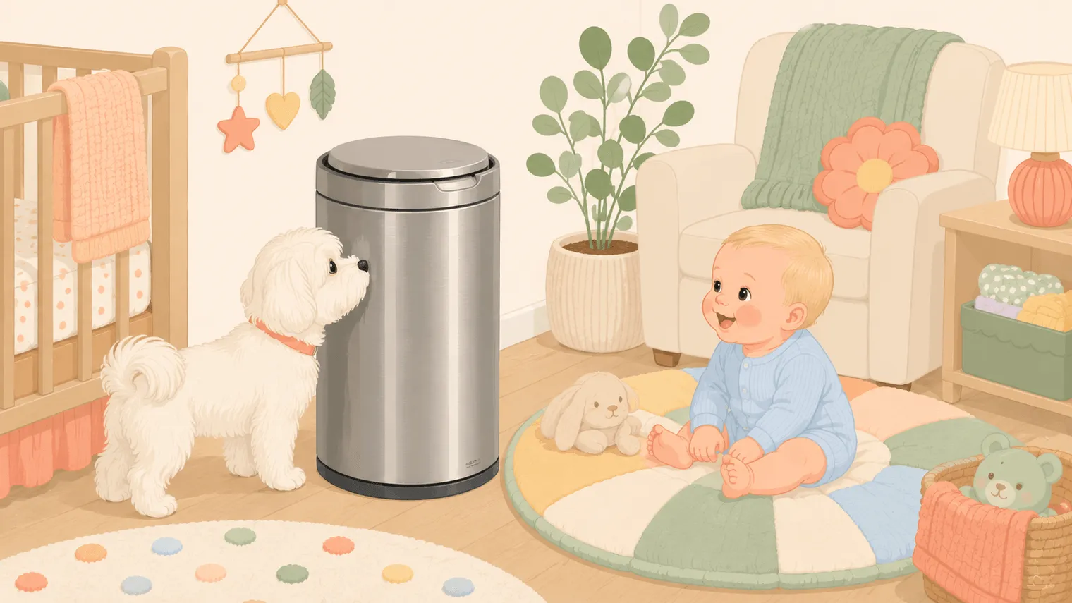 Illustration: a curious white Maltese noses at the locked sliding lid of a tall steel diaper pail and can't open it, while a blonde baby watches from a play mat