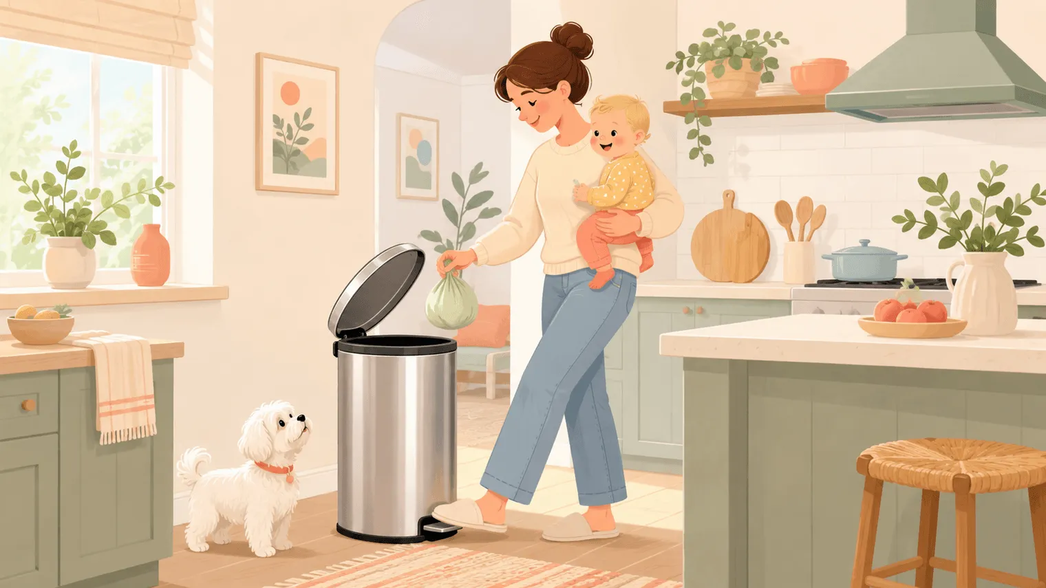 Illustration: a parent stepping on a trash can pedal while holding a baby, the white Maltese watching