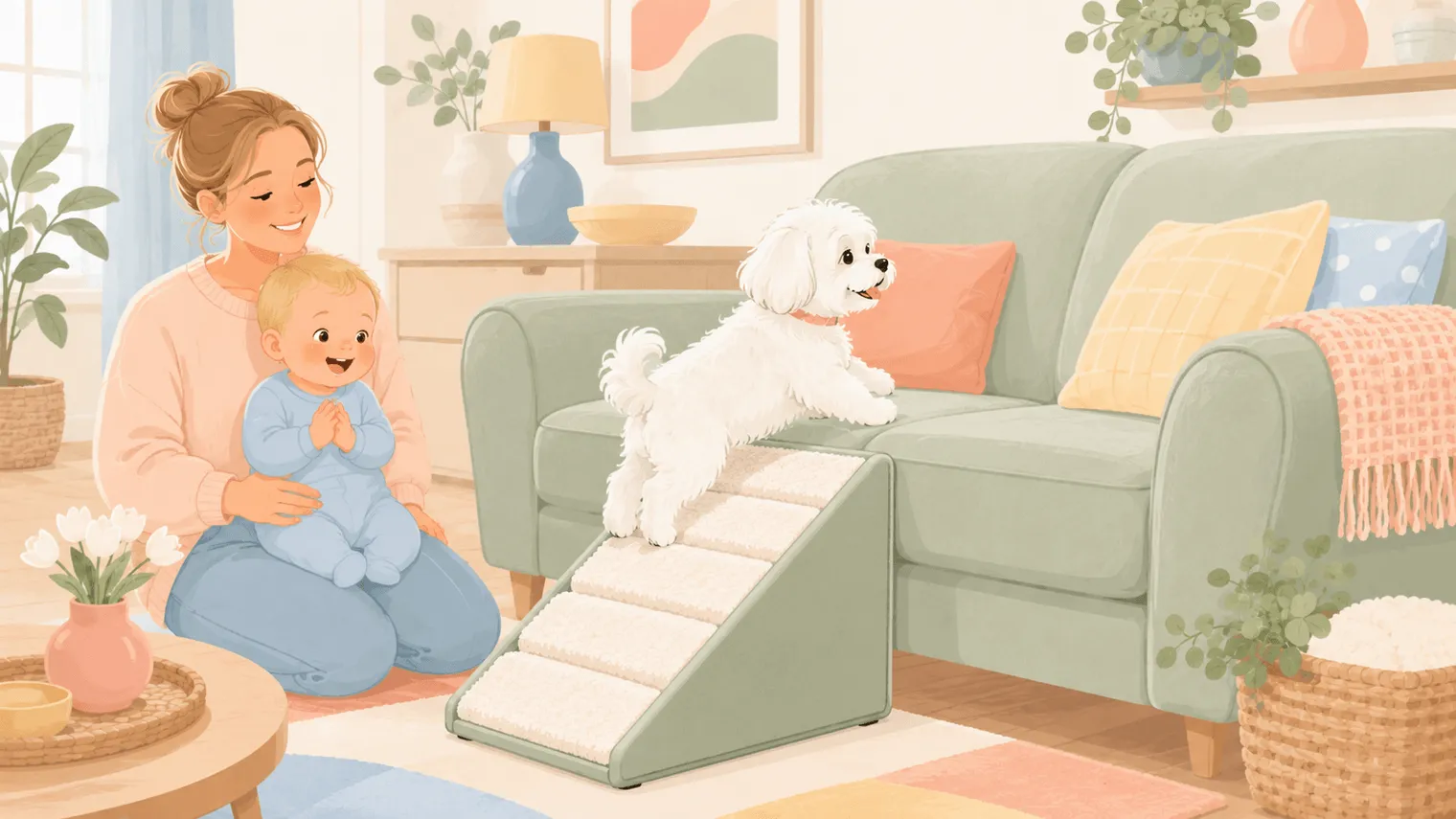 Illustration: the white Maltese walking up a carpeted pet ramp onto a couch while a parent and baby watch