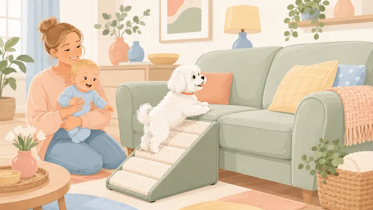 Editorial illustration of a white Maltese climbing a pet ramp onto a couch while a parent holds a baby