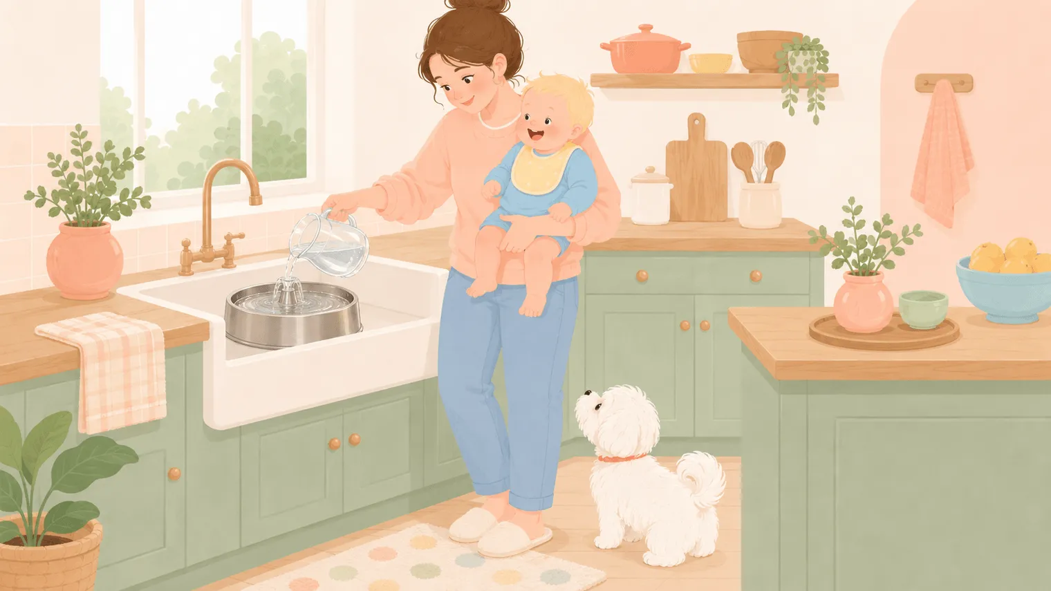 Illustration: a parent refilling a pet water fountain at the sink while holding a baby, the white Maltese waiting