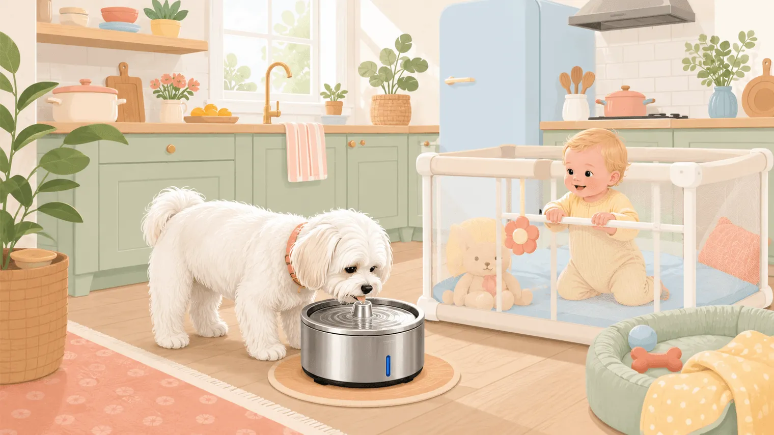 Editorial illustration of a white Maltese drinking from a stainless pet water fountain while a baby watches