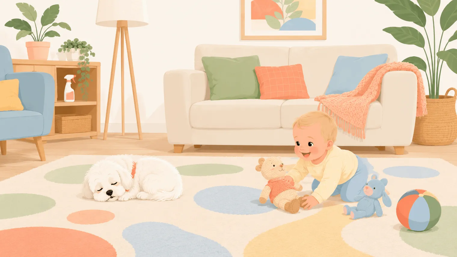 Illustration: a clean fresh living room after cleanup, the white Maltese curled up and a baby playing