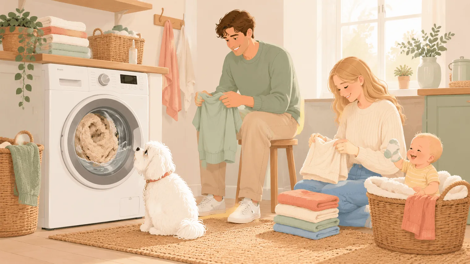 Illustration: a dog eyes the washing machine with a deeply betrayed expression while a plush cover tumbles inside