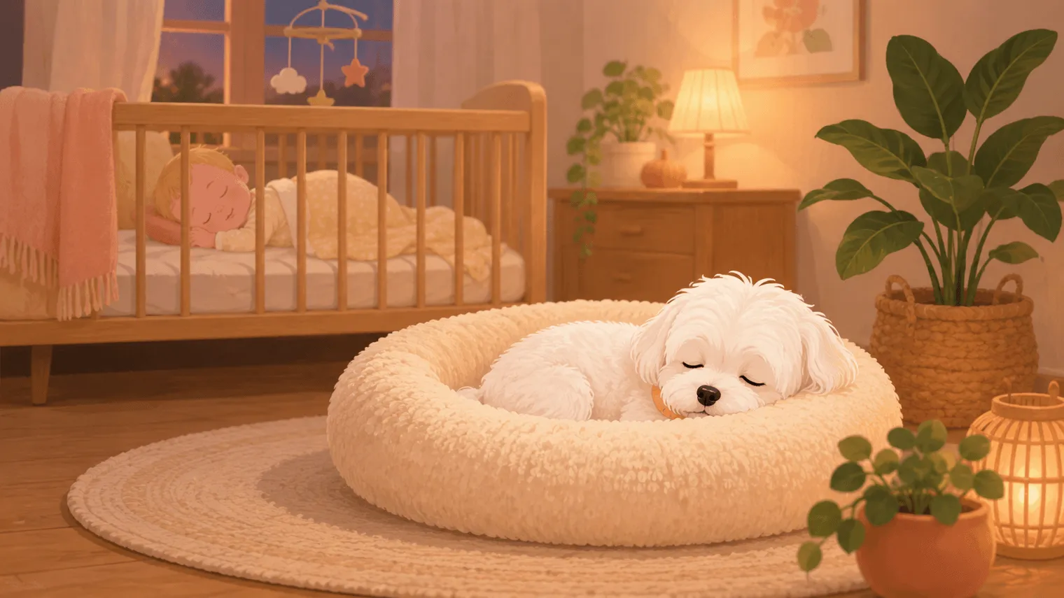 Illustration of a Maltese curled blissfully in a plush donut bed with its chin on the raised rim while the baby sleeps in a crib behind