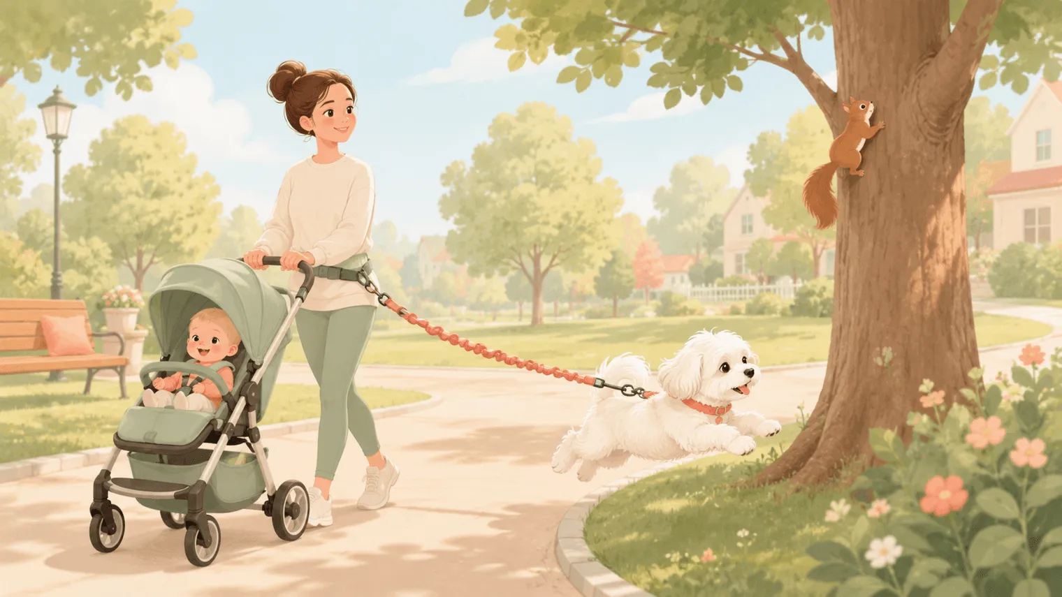 Illustration: a parent pushes a stroller calmly while the Maltese lunges at a squirrel up a tree and the stretchy bungee waist leash absorbs the pull, keeping the stroller level