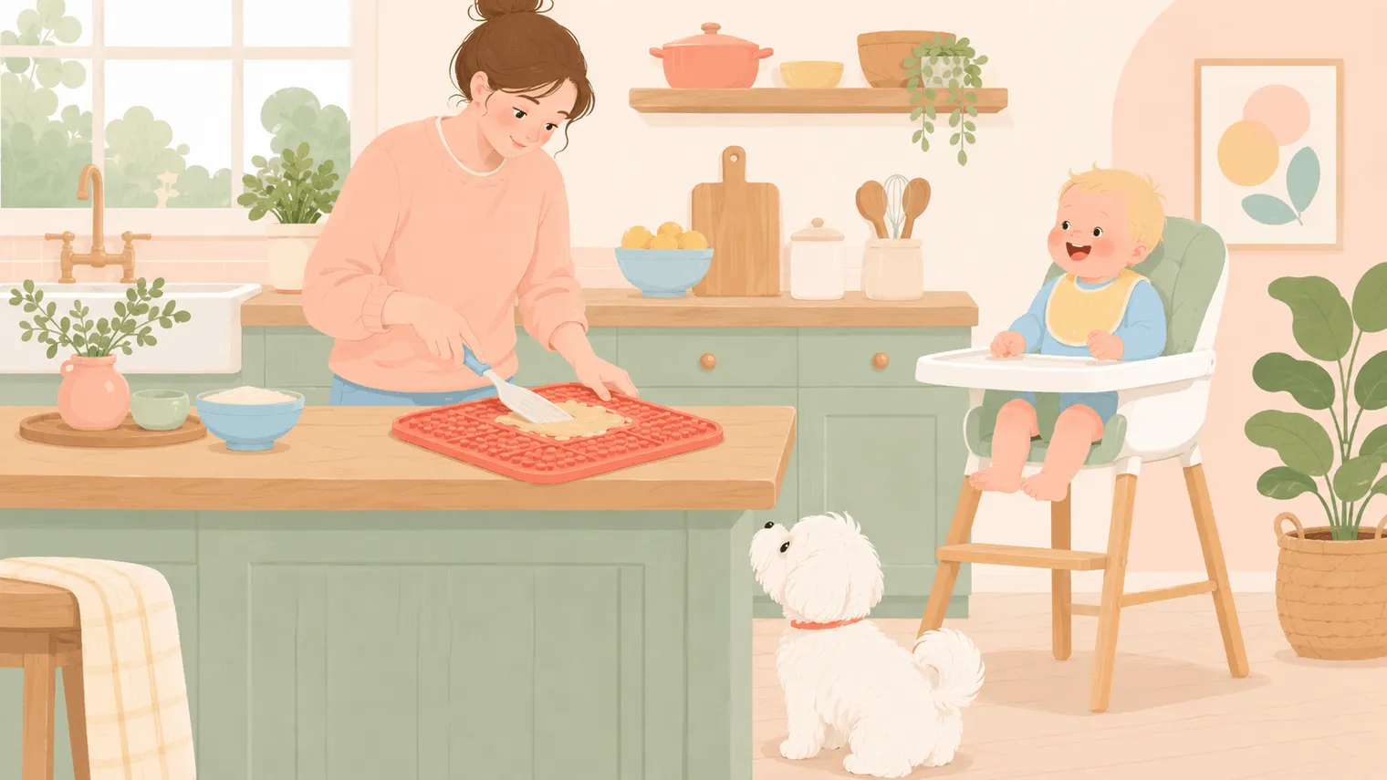 Illustration: a parent spreading food onto a lick mat at the counter while the white Maltese waits and a baby sits in a high chair