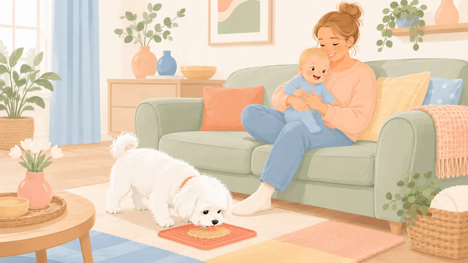 Illustration: the white Maltese busy at a floor lick mat while a parent cradles the baby on the sofa