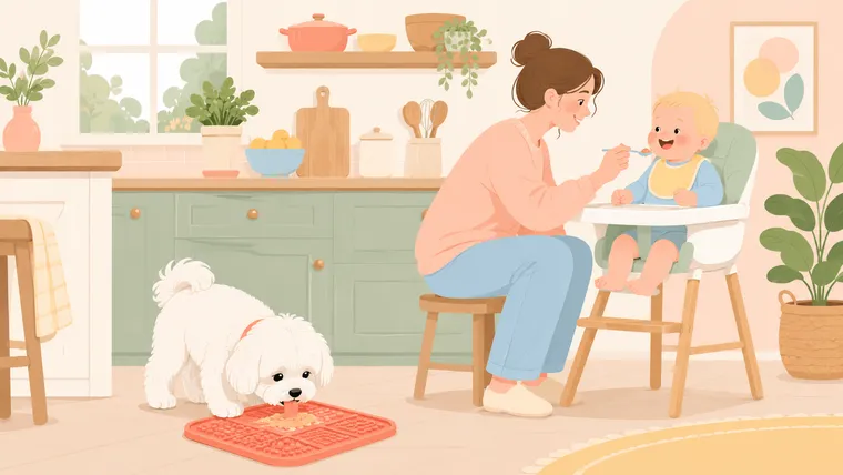 Editorial illustration of a white Maltese licking a lick mat while a parent feeds a baby in a high chair