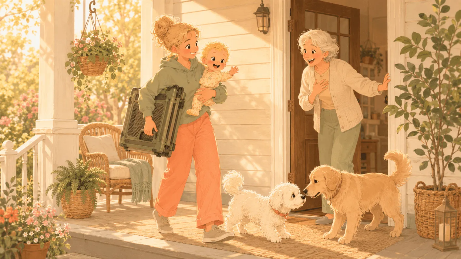 Illustration: the portable pen arrives folded under one arm at the grandparents' door