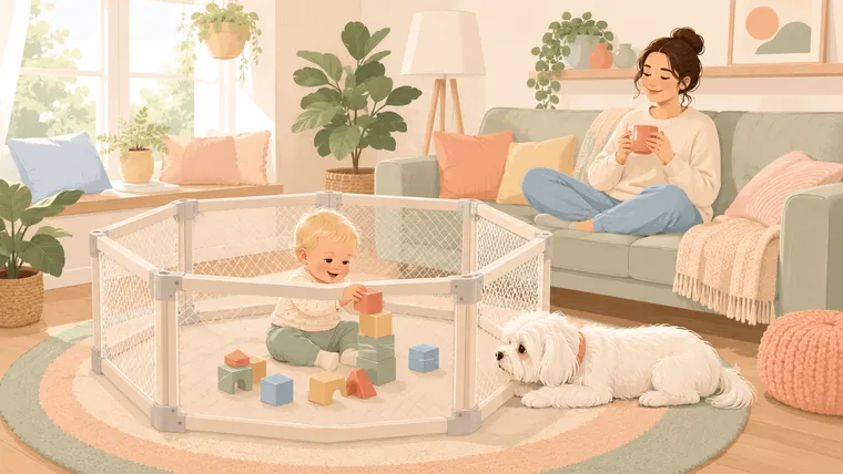 Illustration of a baby playing inside a hexagonal play yard while a Maltese lies just outside the panels watching fondly