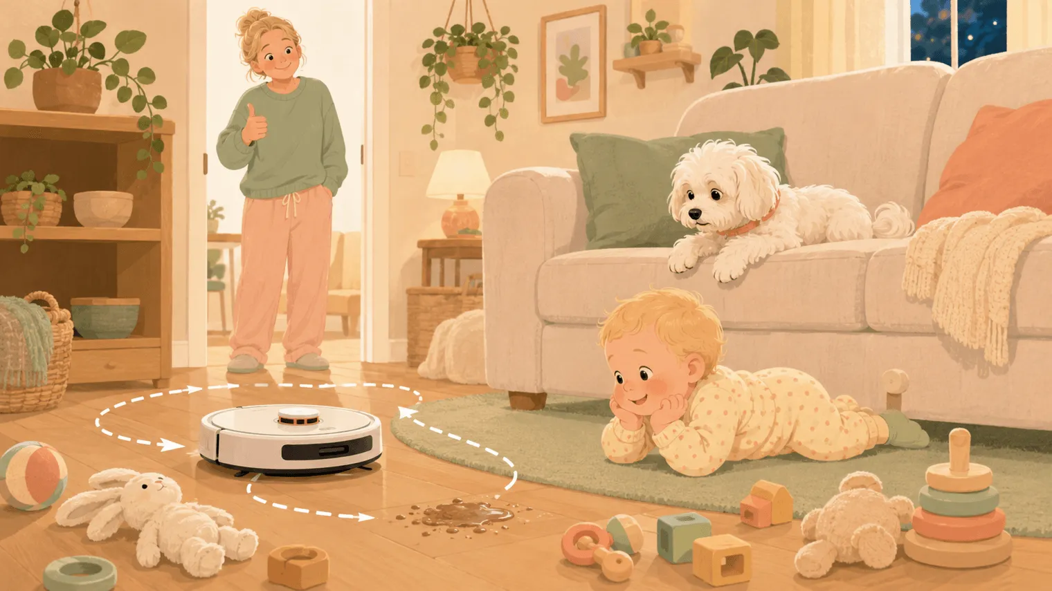Illustration: the robot vacuum steers around scattered toys and a suspicious mess while the dog watches with respect