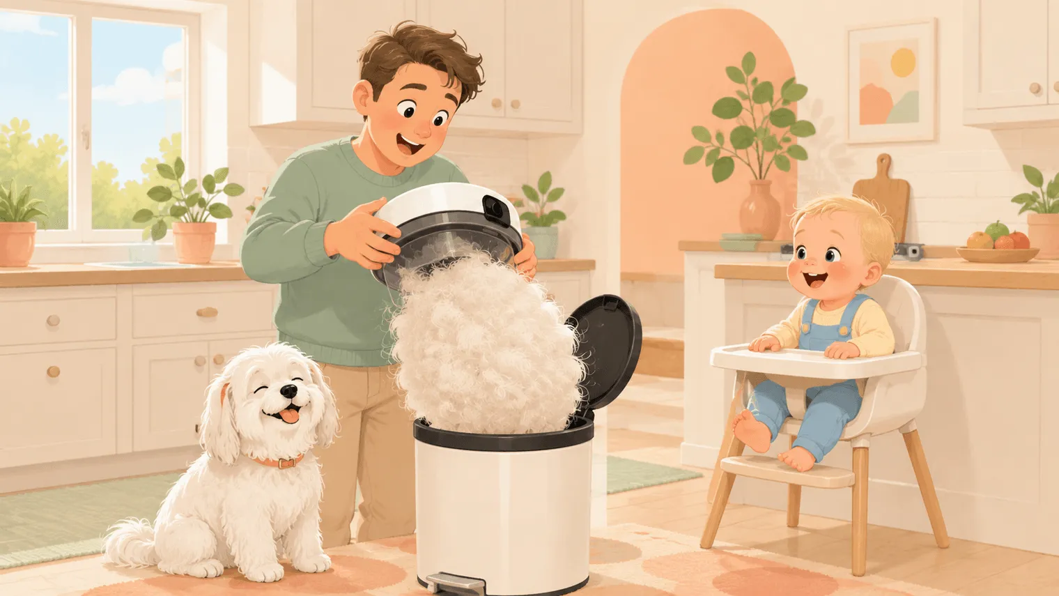 Illustration: a parent empties the robot's dustbin and confronts an enormous ball of fur while the dog looks proud