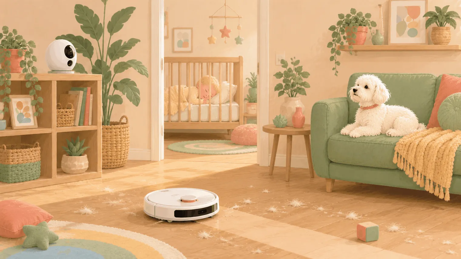 Illustration of a robot vacuum clearing a path through dog fur while steering around a baby toy, with a Maltese watching from the sofa and a baby asleep in the nursery beyond