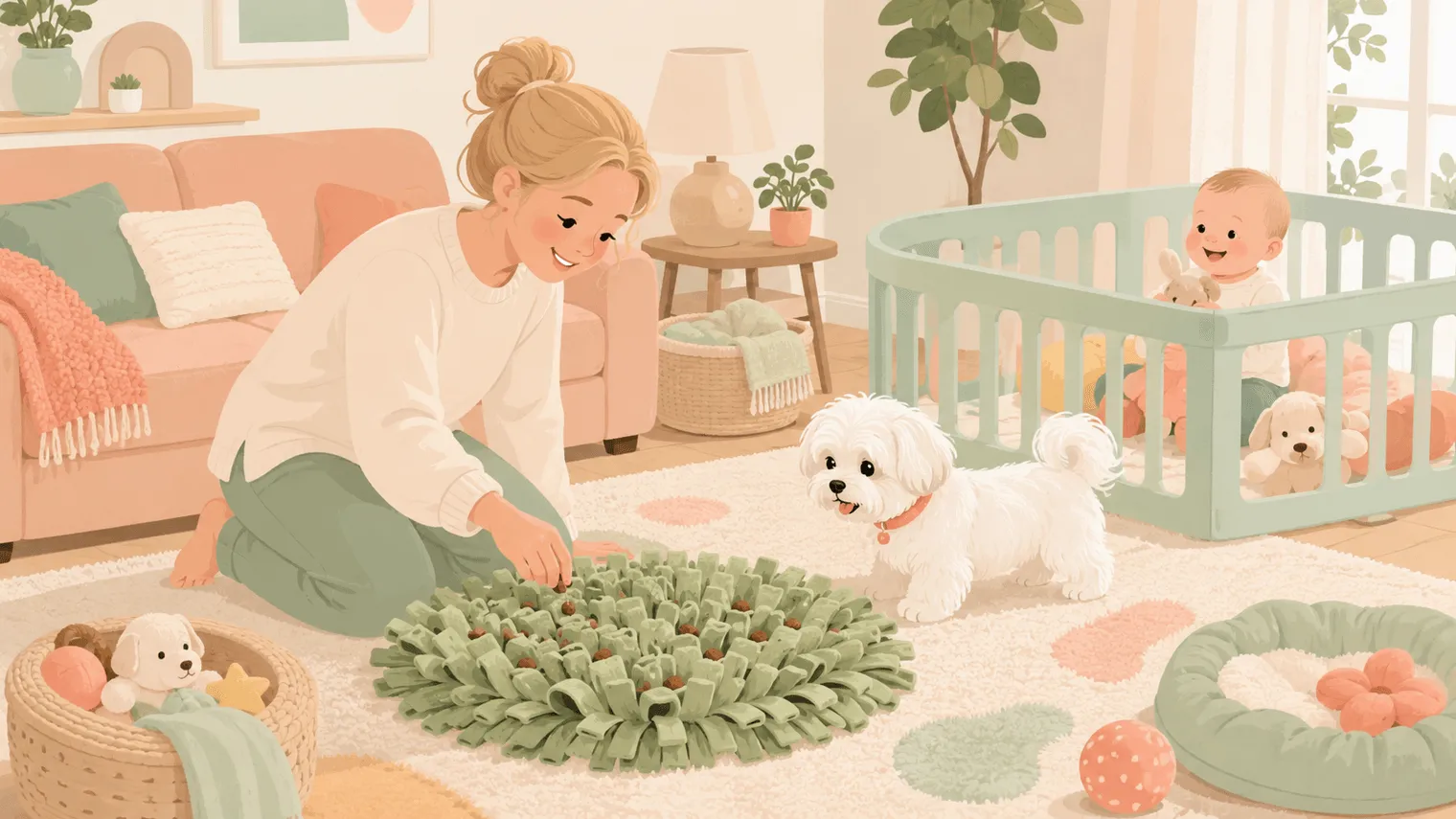 Illustration: a parent scattering kibble into a snuffle mat as the white Maltese watches and a baby plays in a playpen