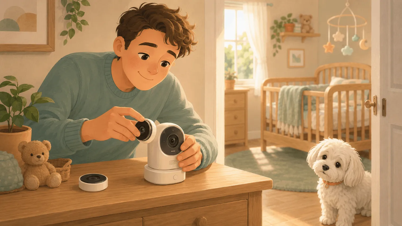 Illustration: clicking the wide-angle lens onto the camera while the dog supervises with a head tilt