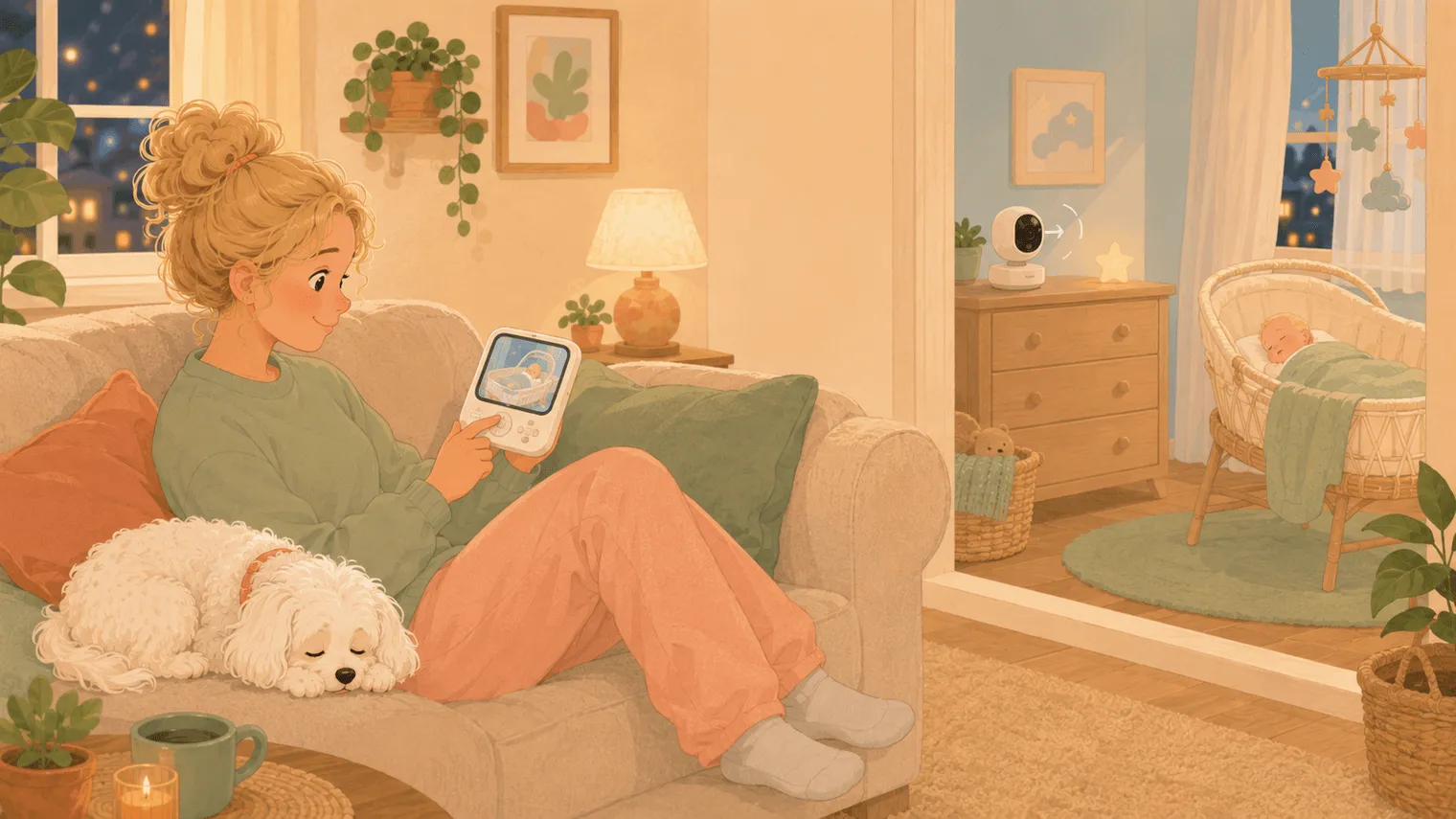 Illustration: pan-and-tilt from the sofa — the camera turns to find the relocated bassinet