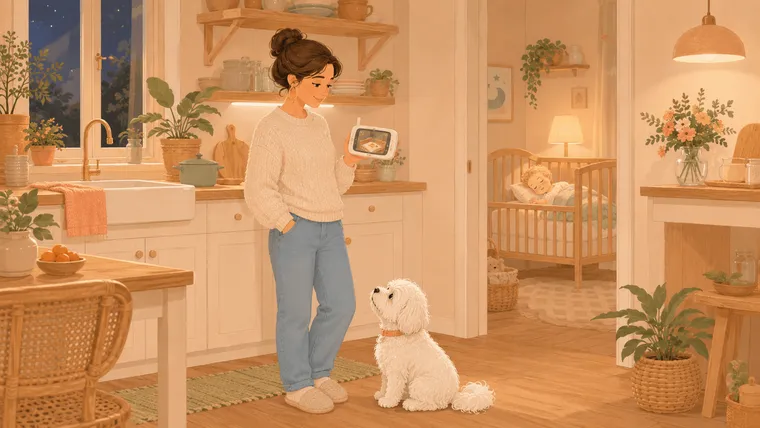 Illustration of a parent holding a handheld baby monitor in the kitchen with the nursery visible through the doorway and a Maltese at their feet