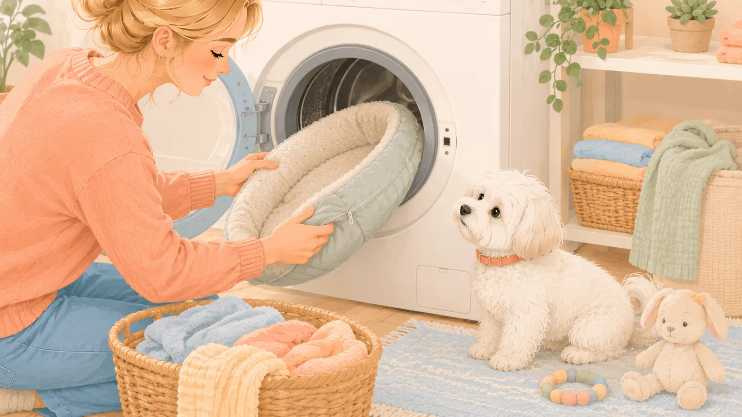 Illustration: a zip-off dog bed cover going into a washing machine while the white Maltese watches