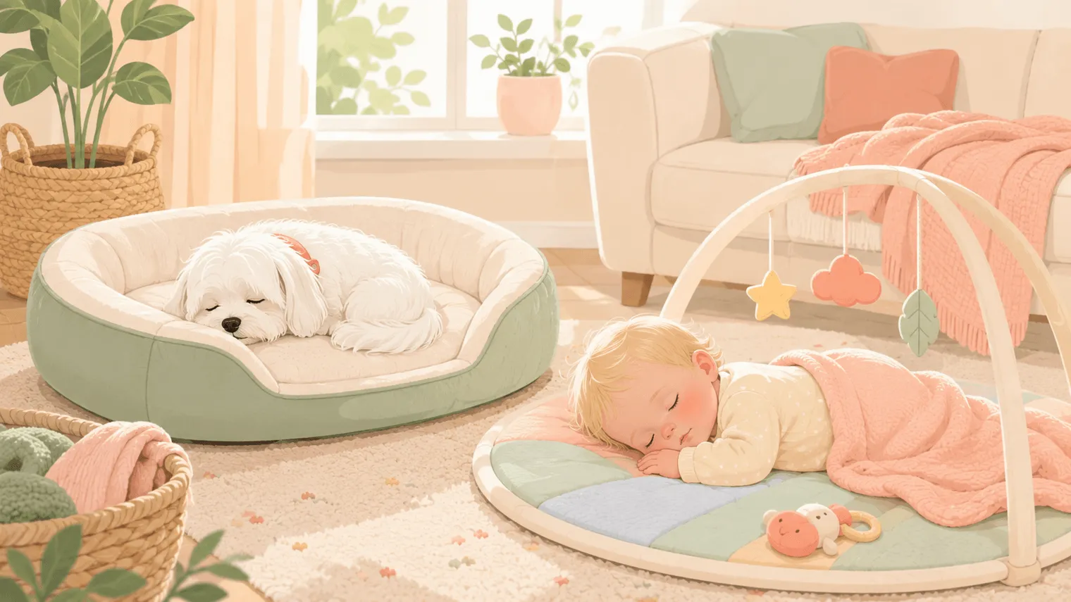Illustration: the white Maltese curled up on a fresh clean dog bed while a baby naps nearby