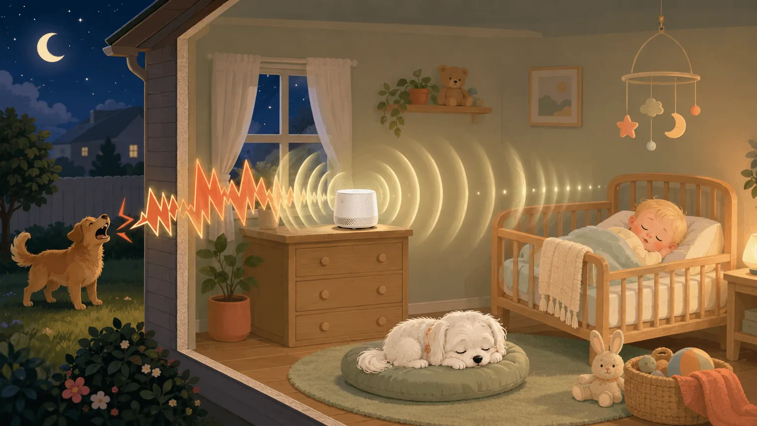 Illustration: outside the window a bark's jagged spikes meet the sound machine's smooth waves and never reach the crib