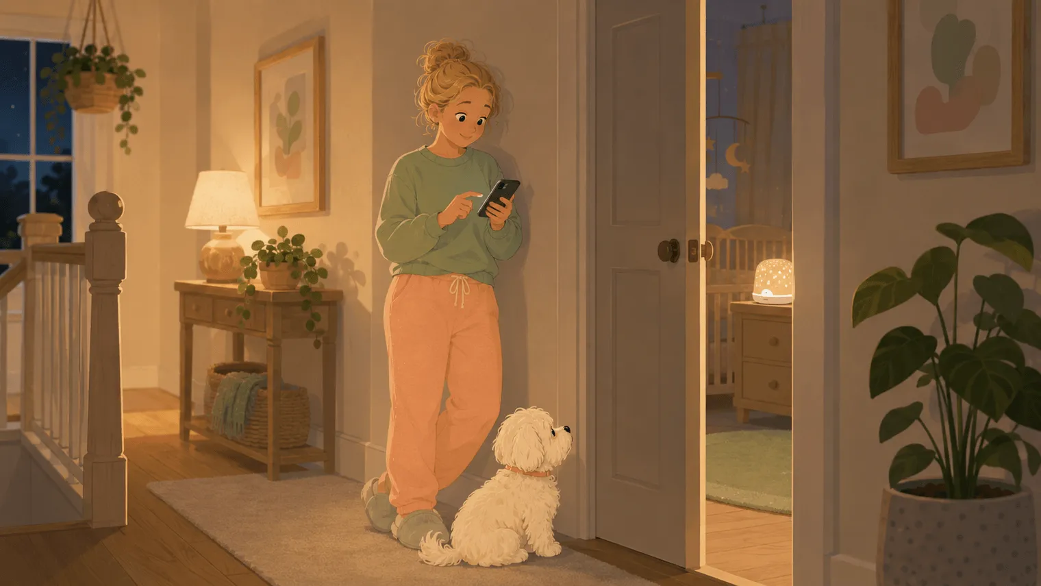 Illustration: a parent adjusts the nursery sound machine from the hallway by phone while the dog waits quietly